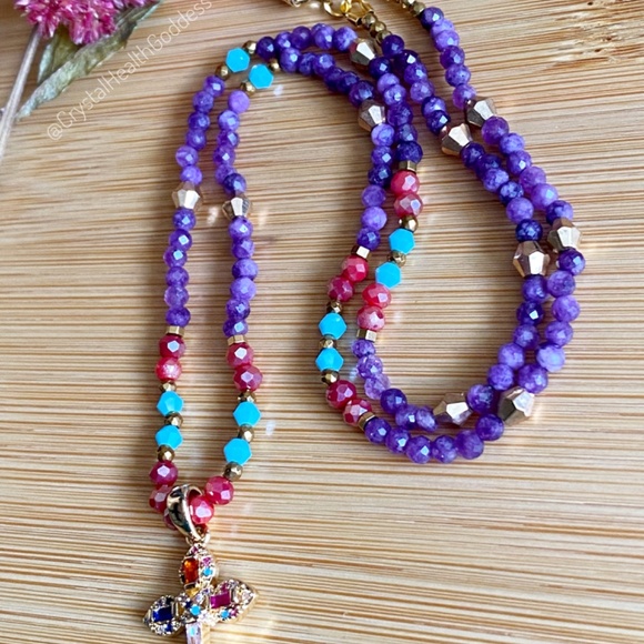 Purple Chalcedony with Austrian Crystals Christian Cross Necklace - Picture 4 of 11